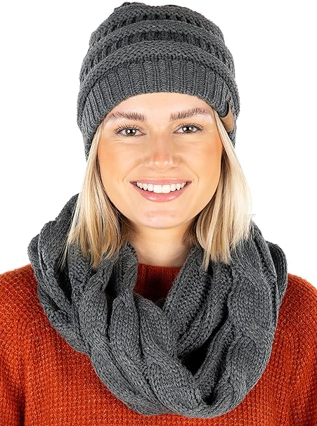 Solid Knit Beanie & Infinity Scarf Matching Set by Funky Junque