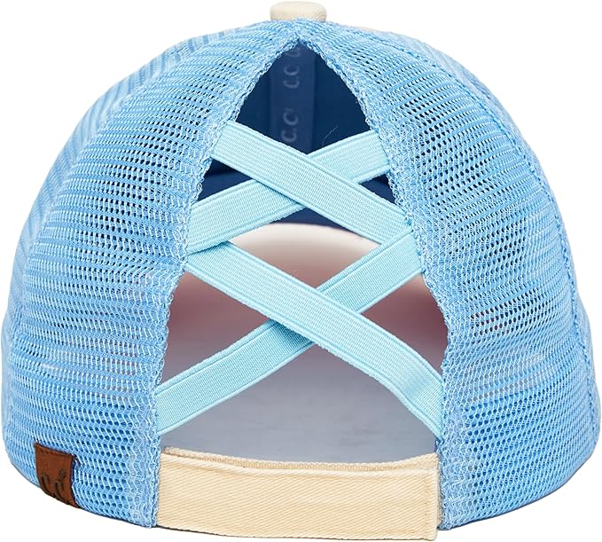 Funky Junque 3 Tone Criss Cross Ponytail Hat - Beige/Light Pink/Light Blue