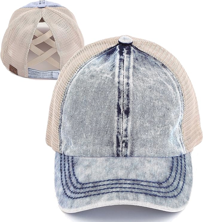 Stone Washed Criss Cross Ponytail Hat by Funky Junque