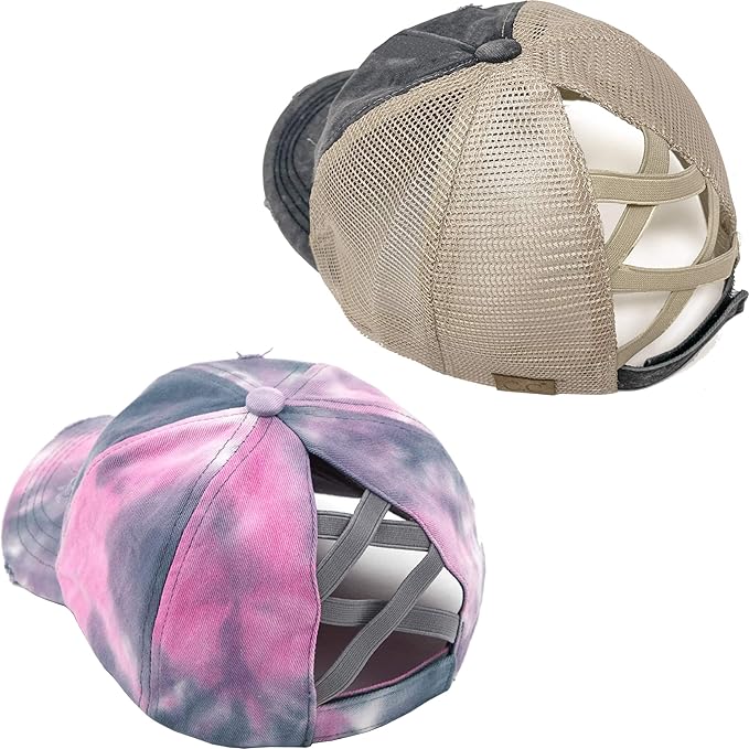 Funky Junque Criss Cross Hat Womens Baseball Cap Distressed Ponytail Messy Bun Trucker Ponycap