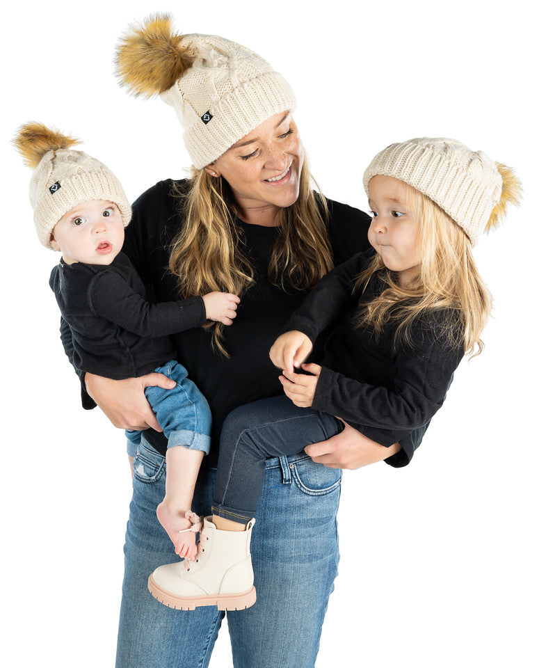 Mommy and Me - Cable Knit Faux Fur Pom Beanie (Adult/Toddler/Infant)