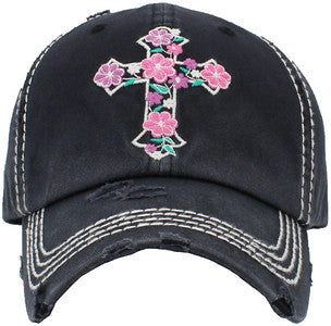 Flower Cross Distressed Patch Hat by Funky Junque
