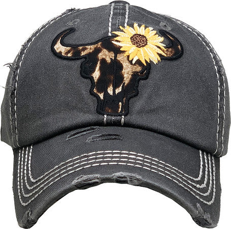 Leopard Steer (Sunflower) Distressed Patch Hat by Funky Junque