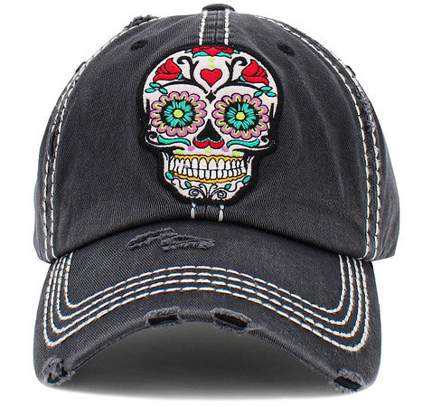 Sugar Skull Distressed Patch Hat by Funky Junque