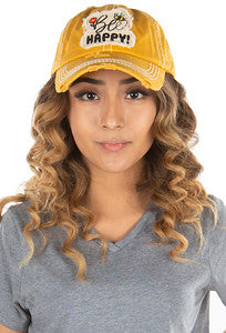 Bee Happy Distressed Patch Hat by Funky Junque