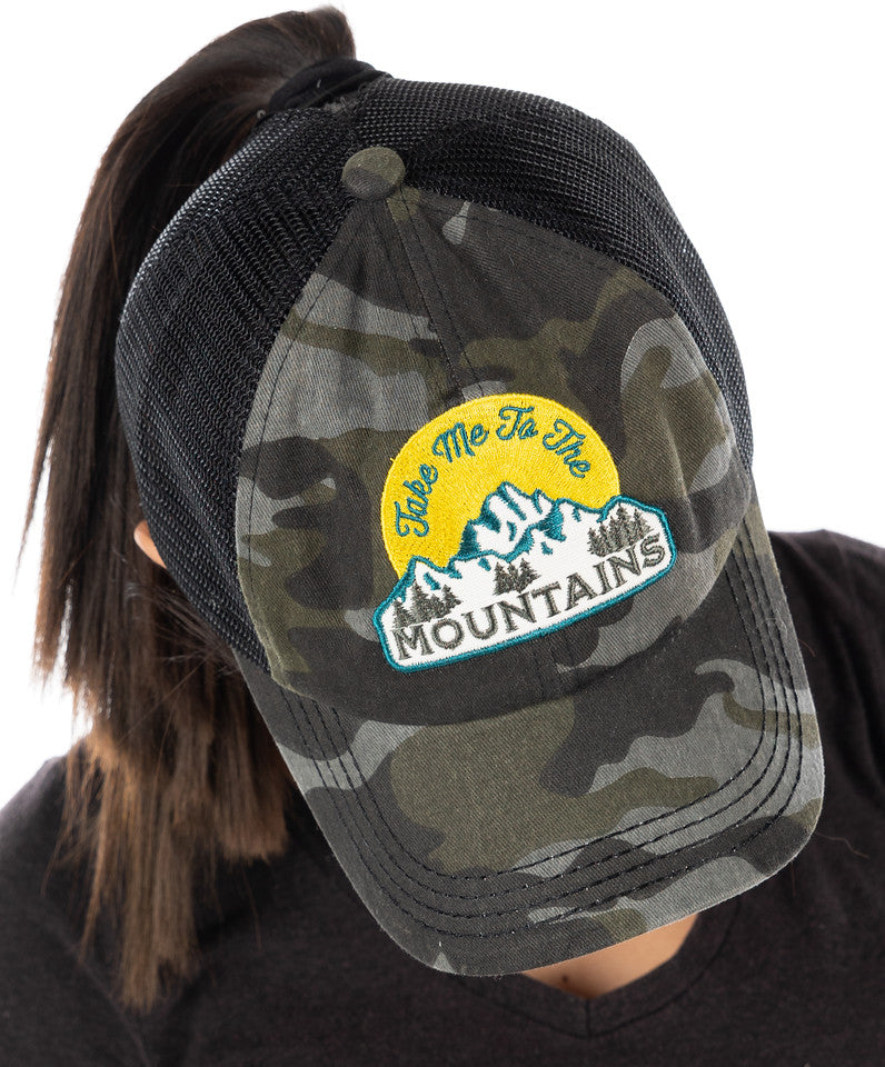 Take Me to the Mountains Criss Cross Ponytail Hat by Funky Junque