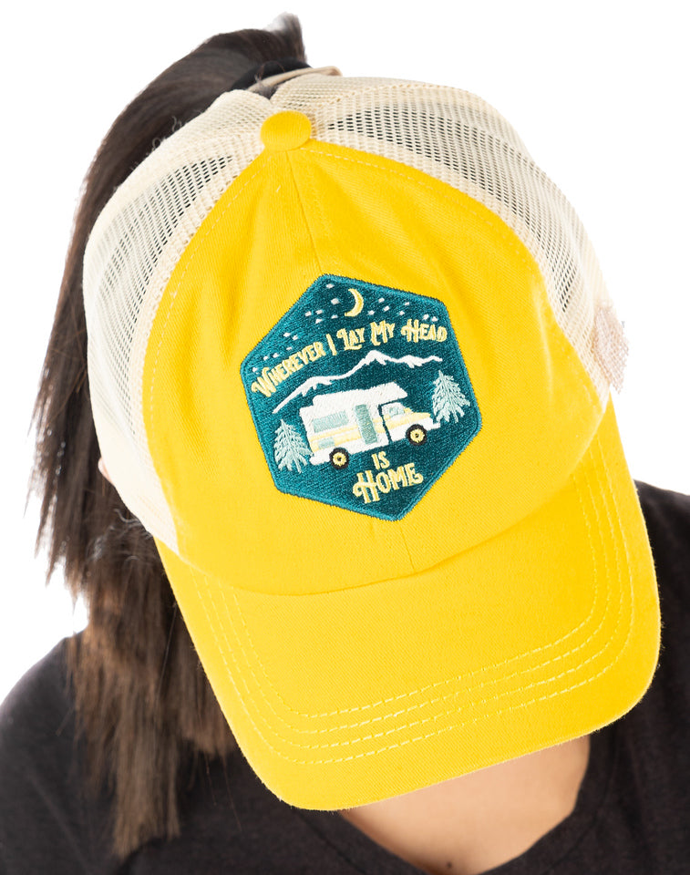 Wherever I Lay My Head is Home Criss Cross Ponytail Hat by Funky Junque