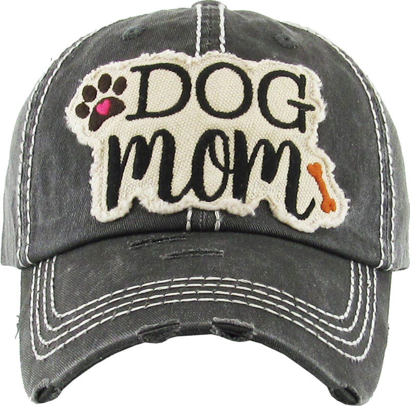 Distressed Embroidered Baseball Cap - Dog Mom (Black)