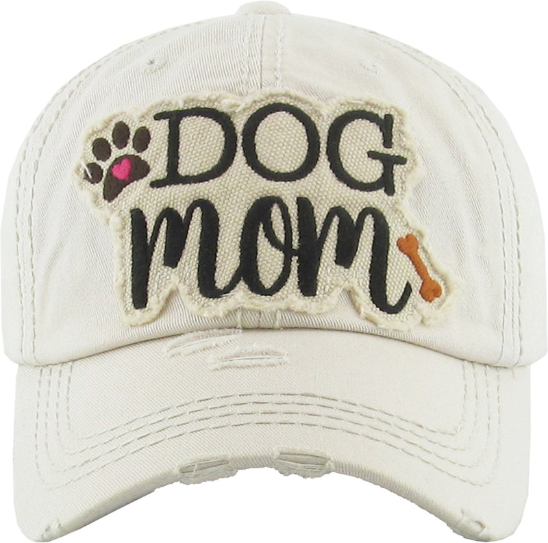 Distressed Embroidered Baseball Cap - Dog Mom (Beige)