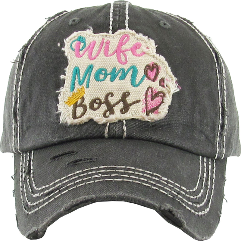 Distressed Embroidered Baseball Cap - Wife, Mom, Boss (Black)