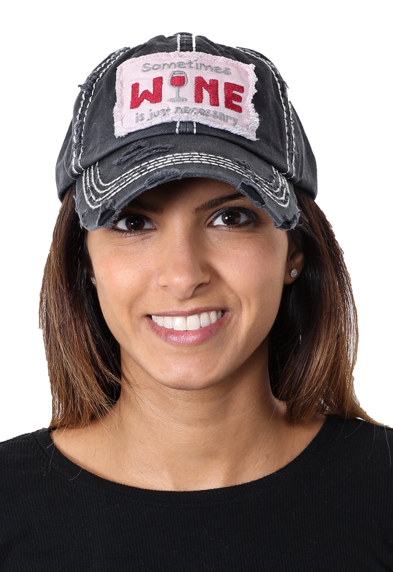Distressed Patch Baseball Cap - Sometimes Wine is Necessary (Black)