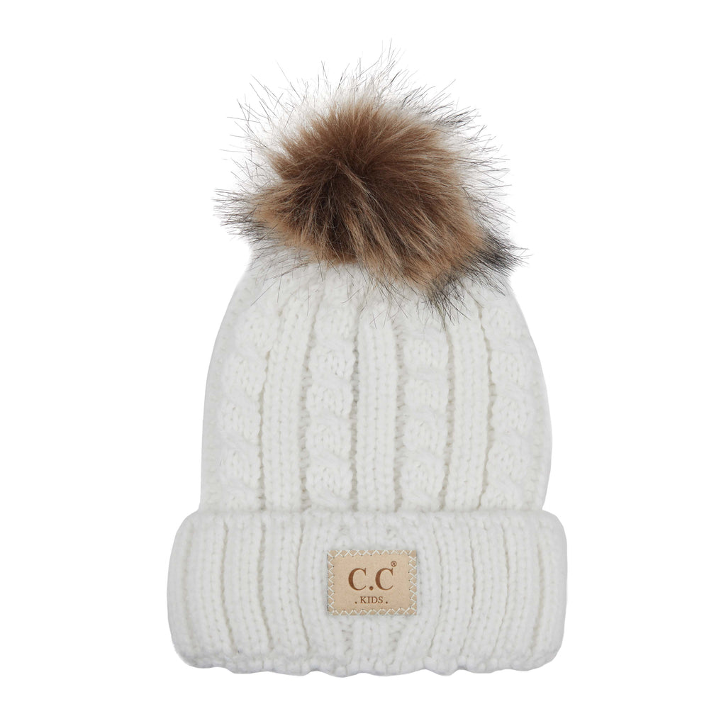Knit Pom Beanie Hat: Cable Knit Faux Fur w/ patch