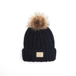 Knit Pom Beanie Hat: Cable Knit Faux Fur w/ patch