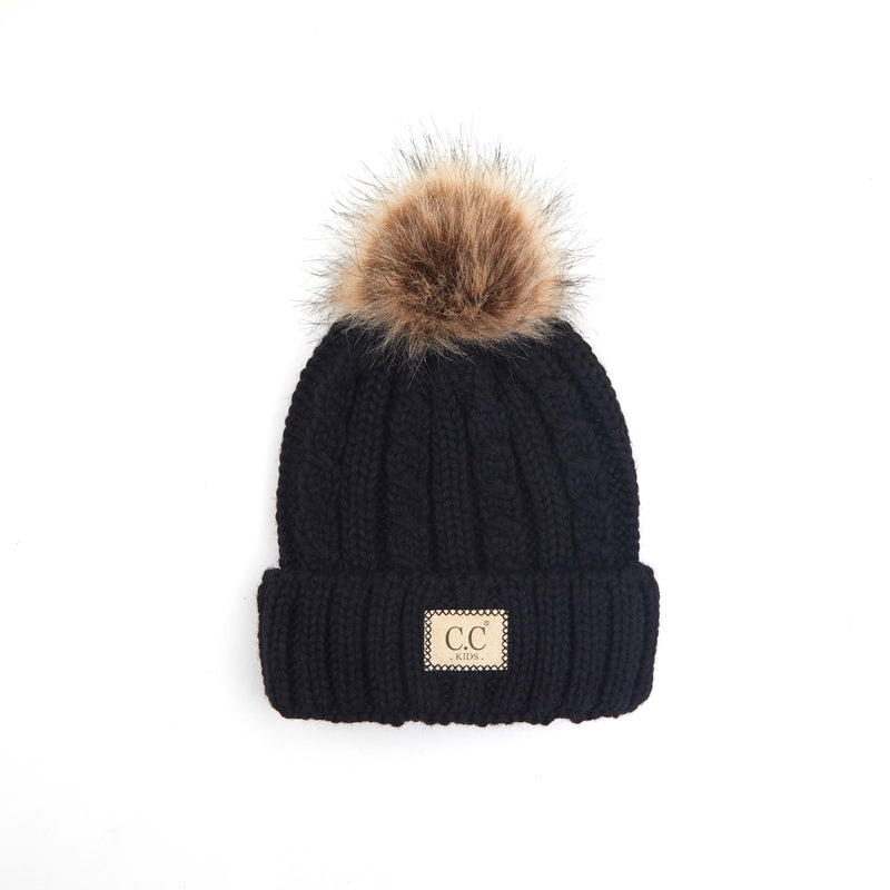 Knit Pom Beanie Hat: Cable Knit Faux Fur w/ patch