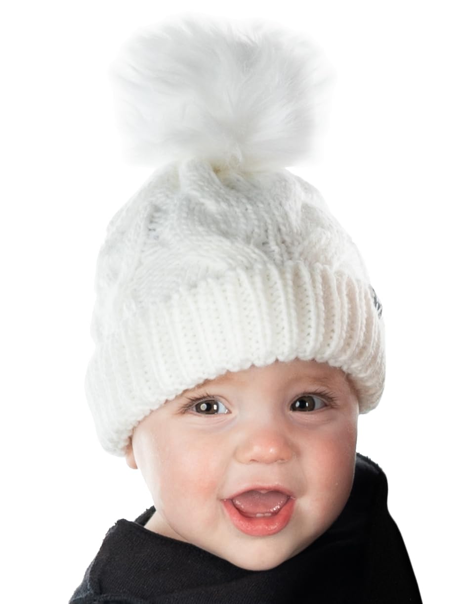 Baby Cable Knit Fleece Lined Pom Beanie by Funky Junque