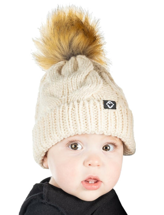 Baby Cable Knit Fleece Lined Pom Beanie by Funky Junque