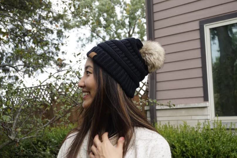 Ribbed Cable Knit Natural Faux Fur Pom Beanie