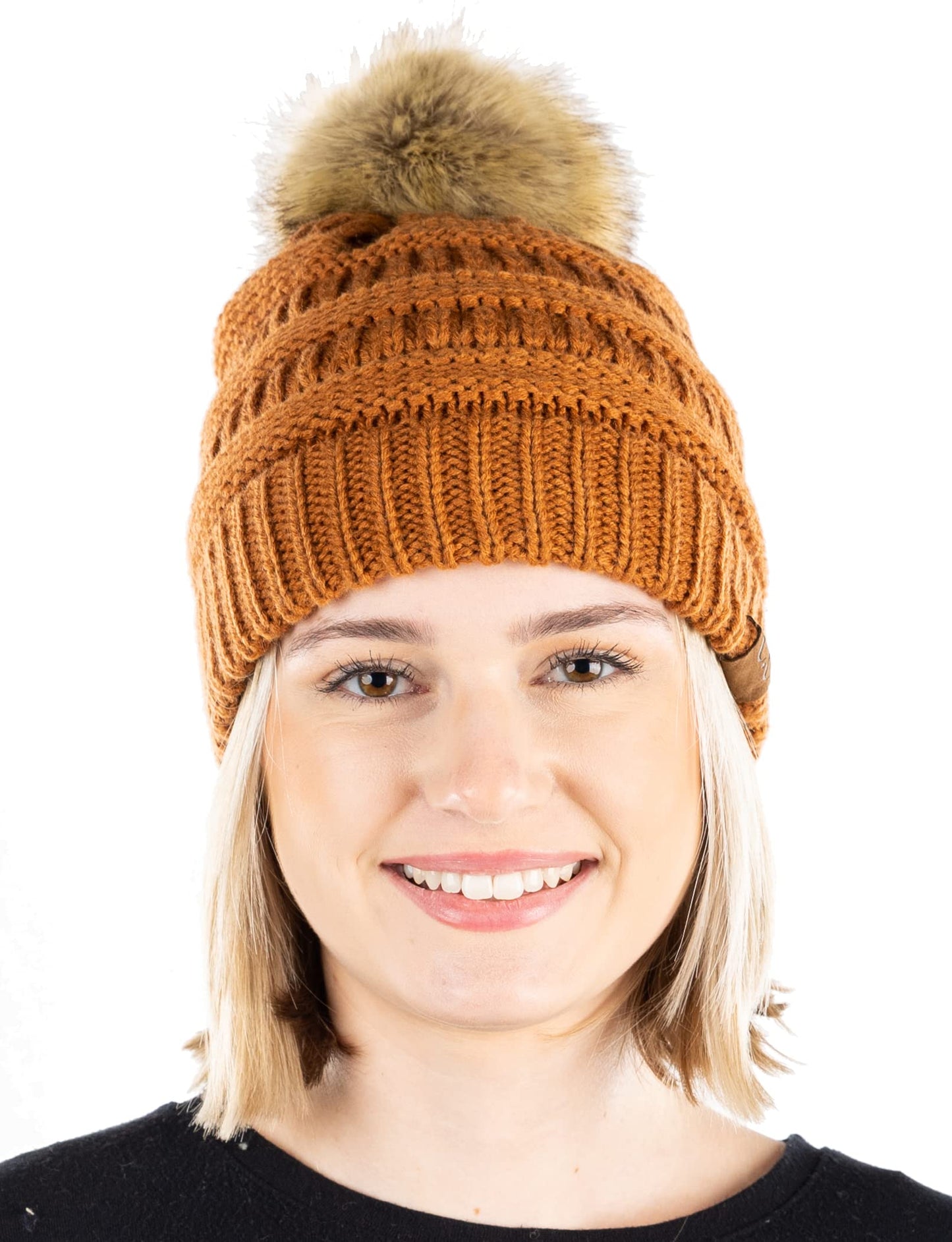 Ribbed Cable Knit Natural Faux Fur Pom Beanie