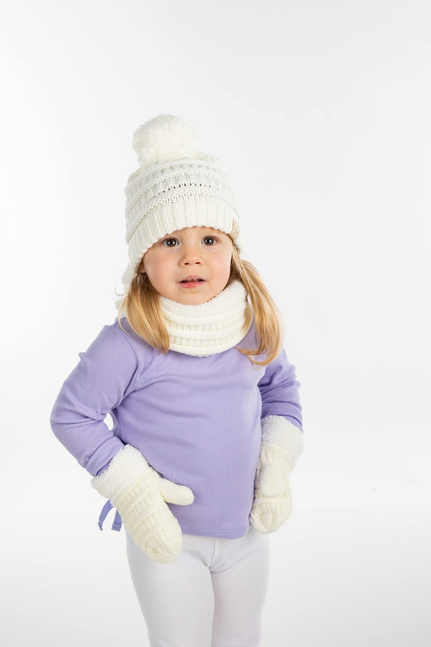 Kids Matching Pom Beanie, Neck Warmer & Mittens Set by Funky Junque
