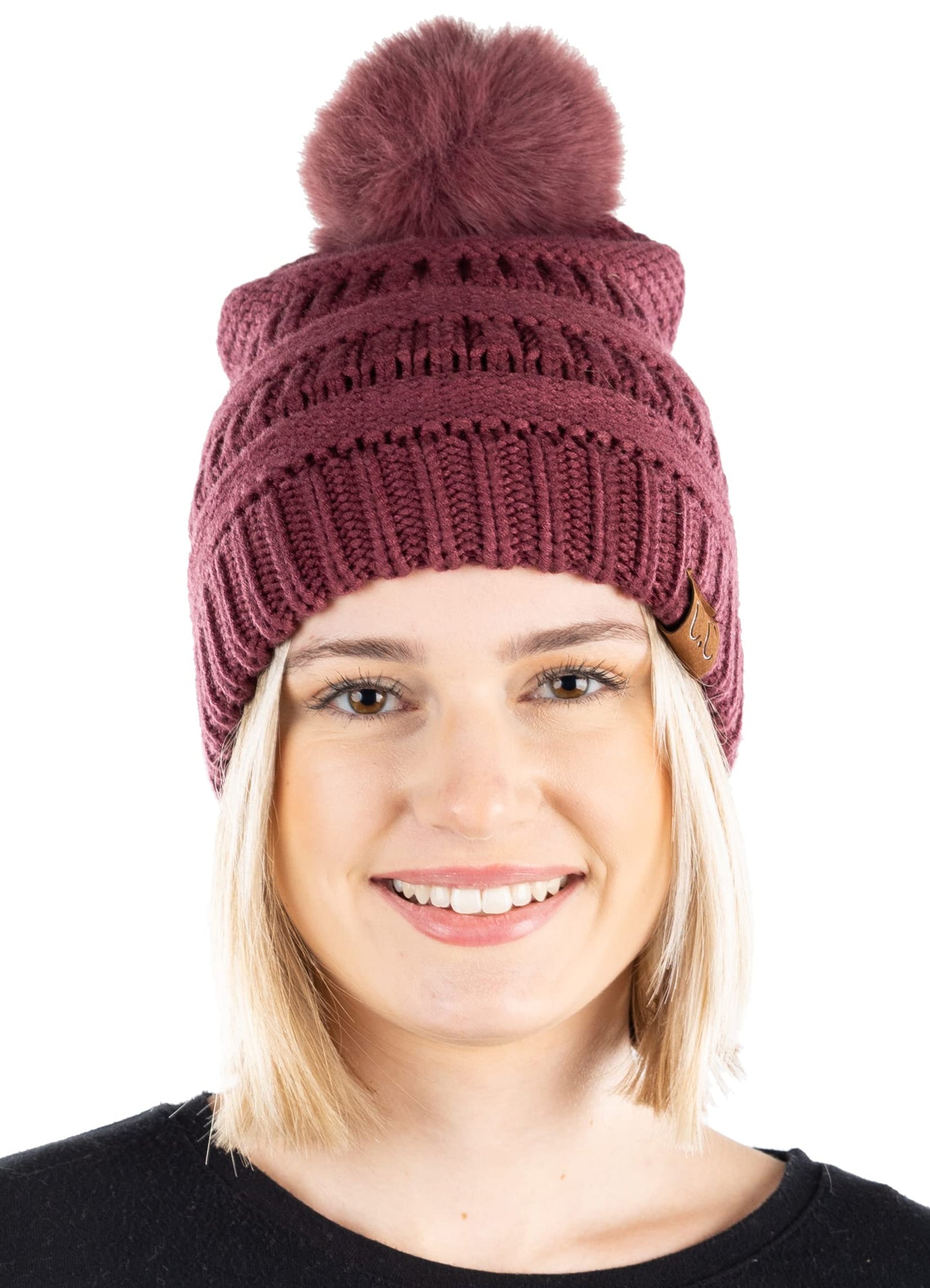 Ribbed Cable Knit Matching Faux Fur Pom Beanie