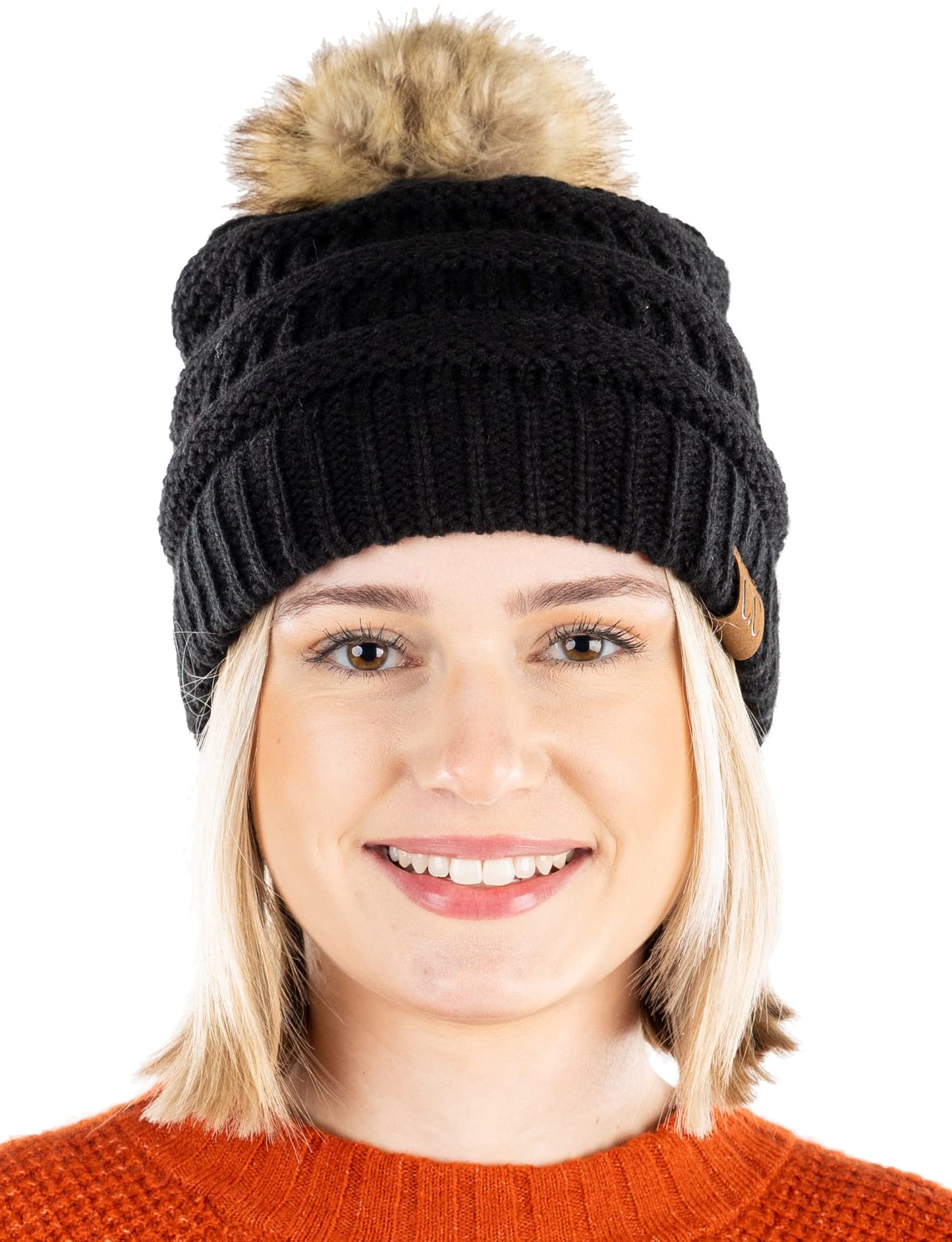 Ribbed Cable Knit Natural Faux Fur Pom Beanie