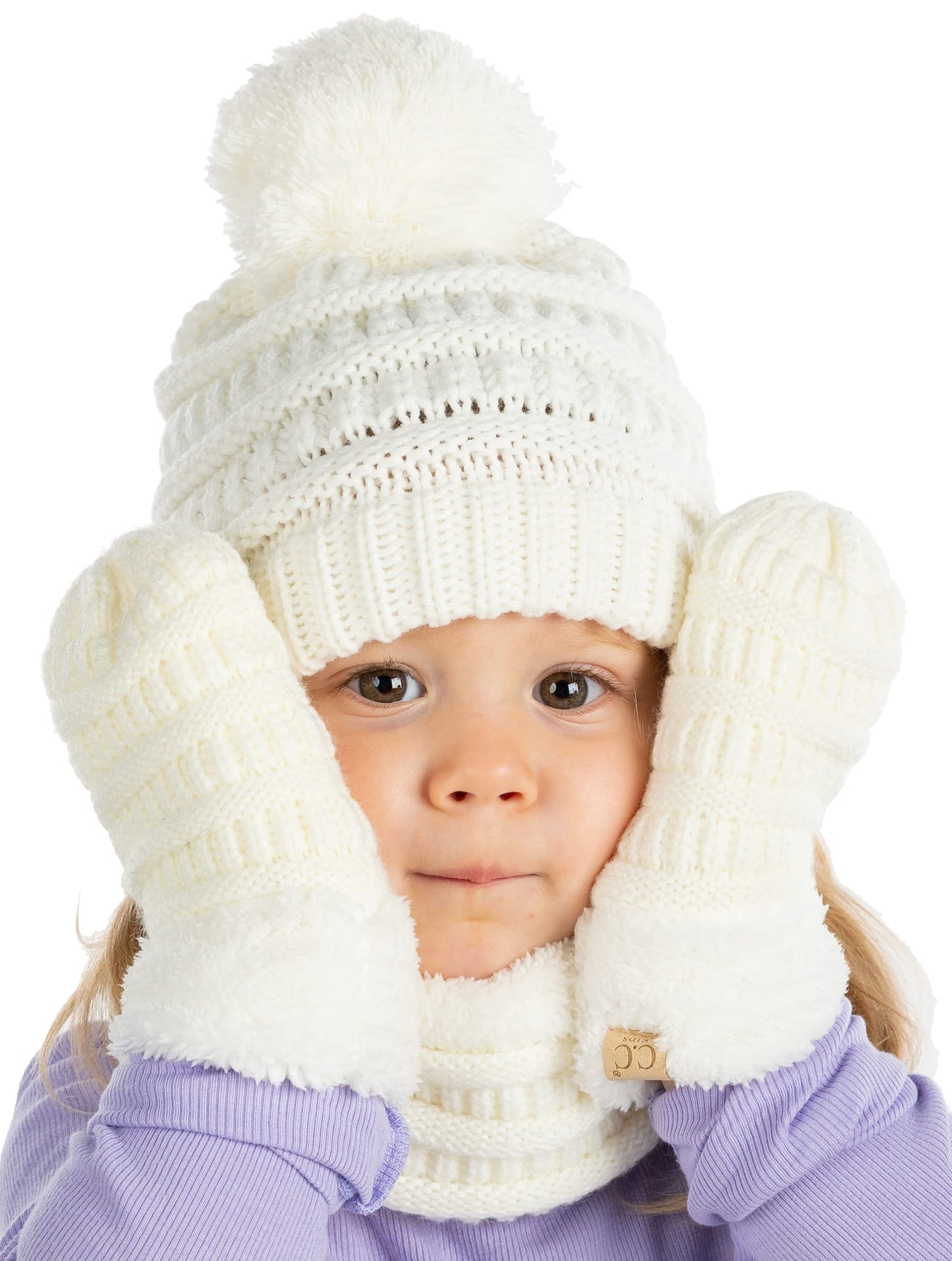 Kids Matching Pom Beanie, Neck Warmer & Mittens Set by Funky Junque