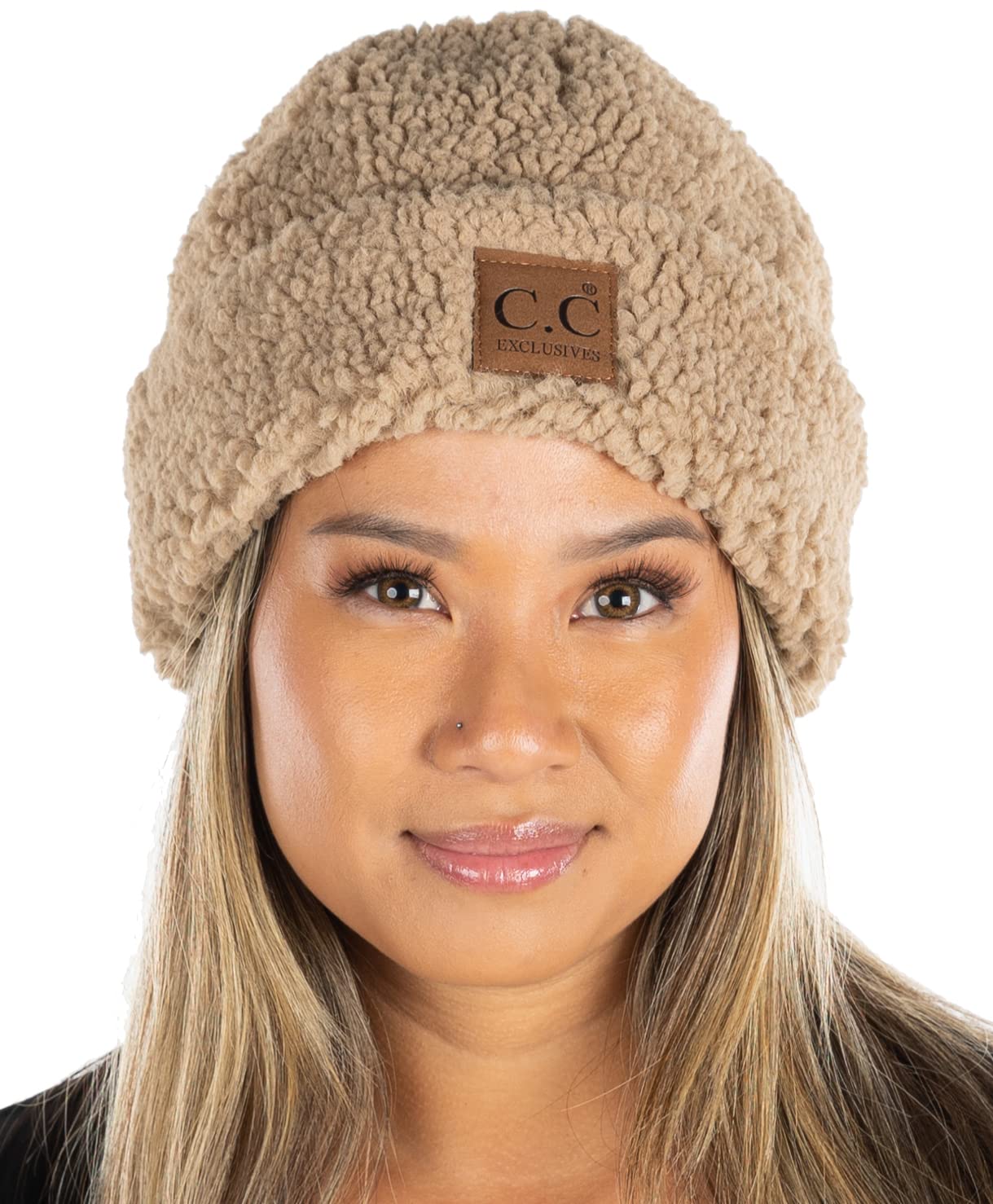 Women's Fuzzy Faux Wool Sherpa Double Layered Cuff Plush Beanie