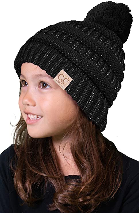 C.C. Kid's Classic Fit Cable Knit Beanie W/ Pom - Metallic