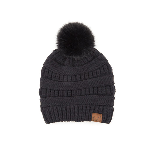 Ribbed Cable Knit Matching Faux Fur Pom Beanie