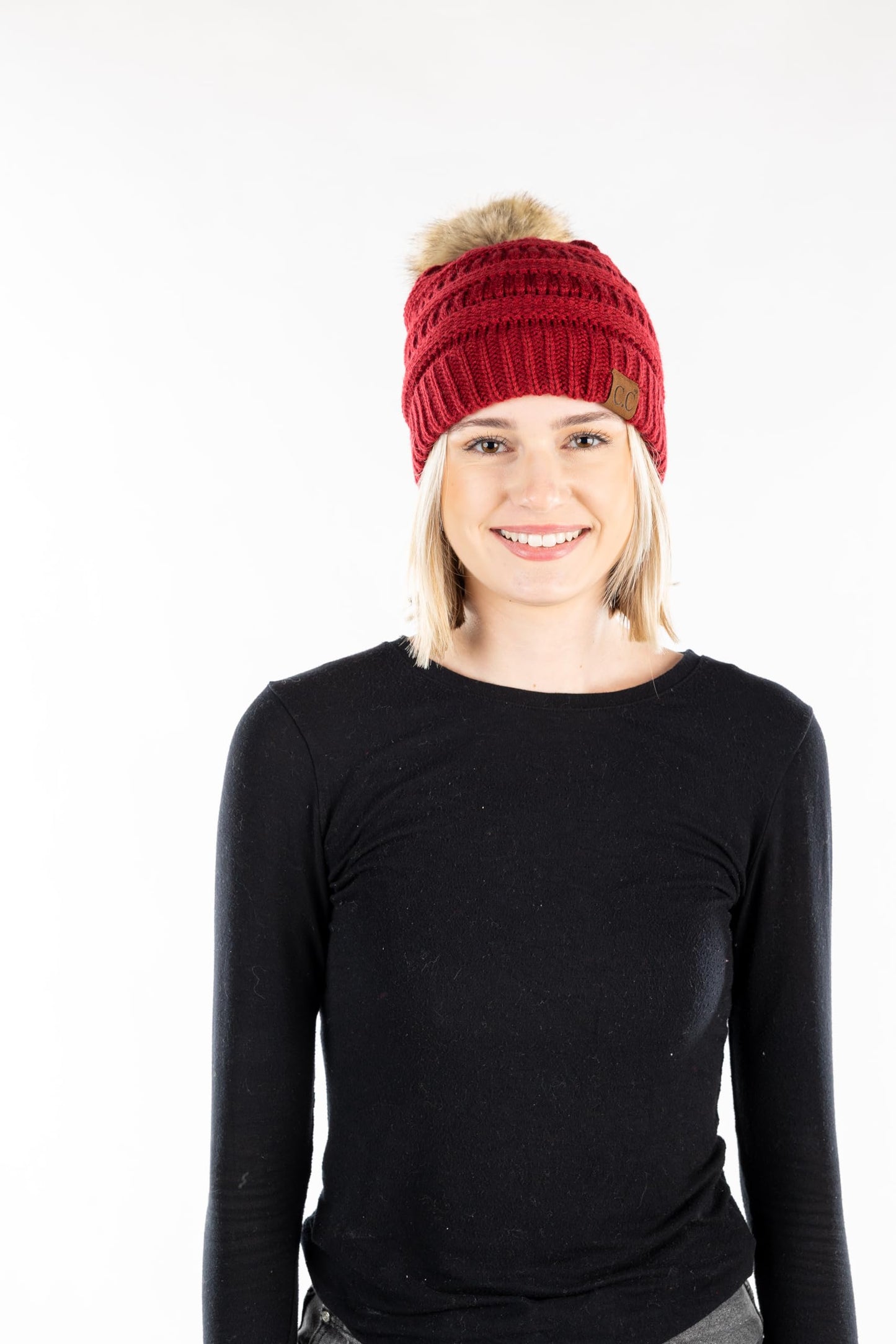 Ribbed Cable Knit Natural Faux Fur Pom Beanie