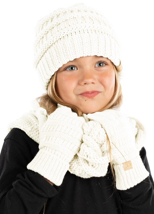 Kids 3 Pack Matching Set: Beanie, Infinity Scarf & Gloves - Ivory