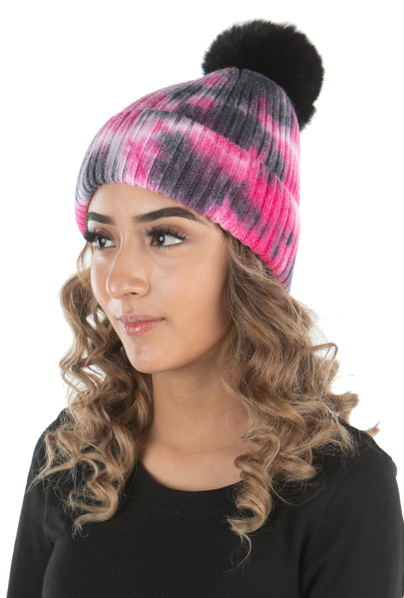 Tie Dye Faux Fur Colored Pom Beanie