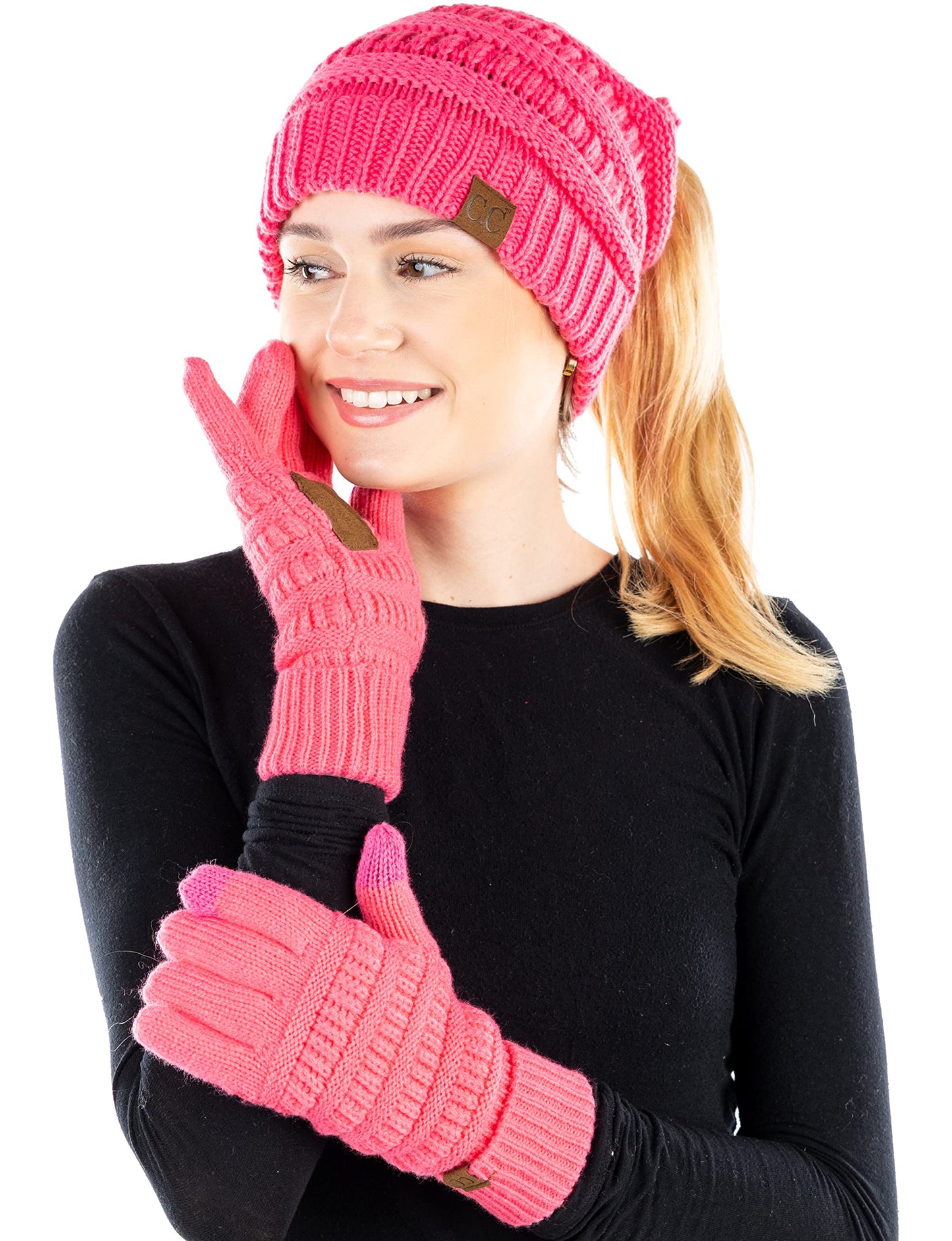 Ponytail Beanie & Gloves Matching Set by Funky Junque