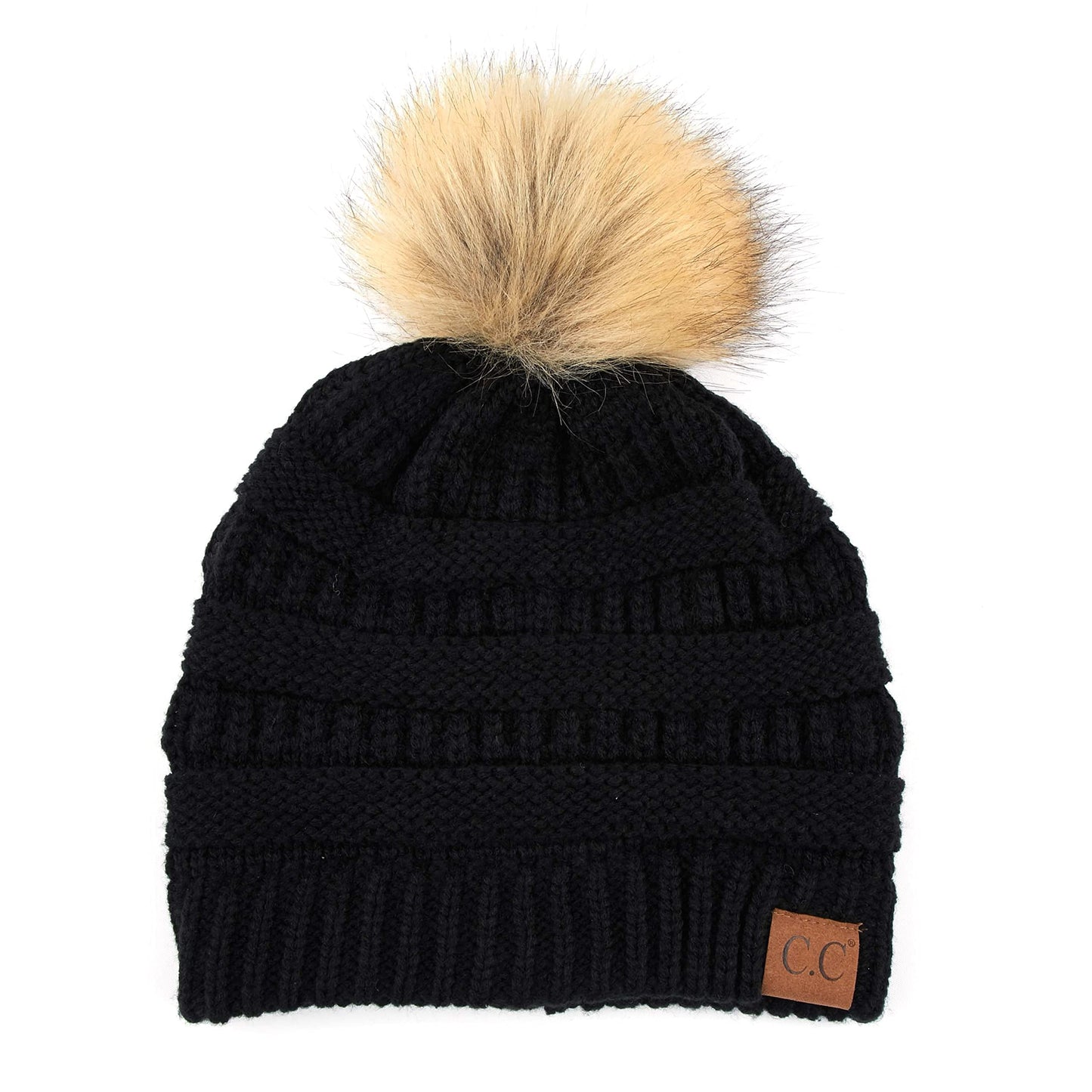 Ribbed Cable Knit Natural Faux Fur Pom Beanie