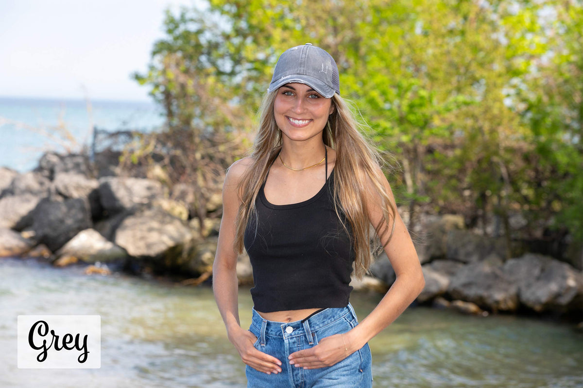 Funky Junque Criss Cross Hat Womens Baseball Cap Distressed Ponytail Messy Bun Trucker Ponycap