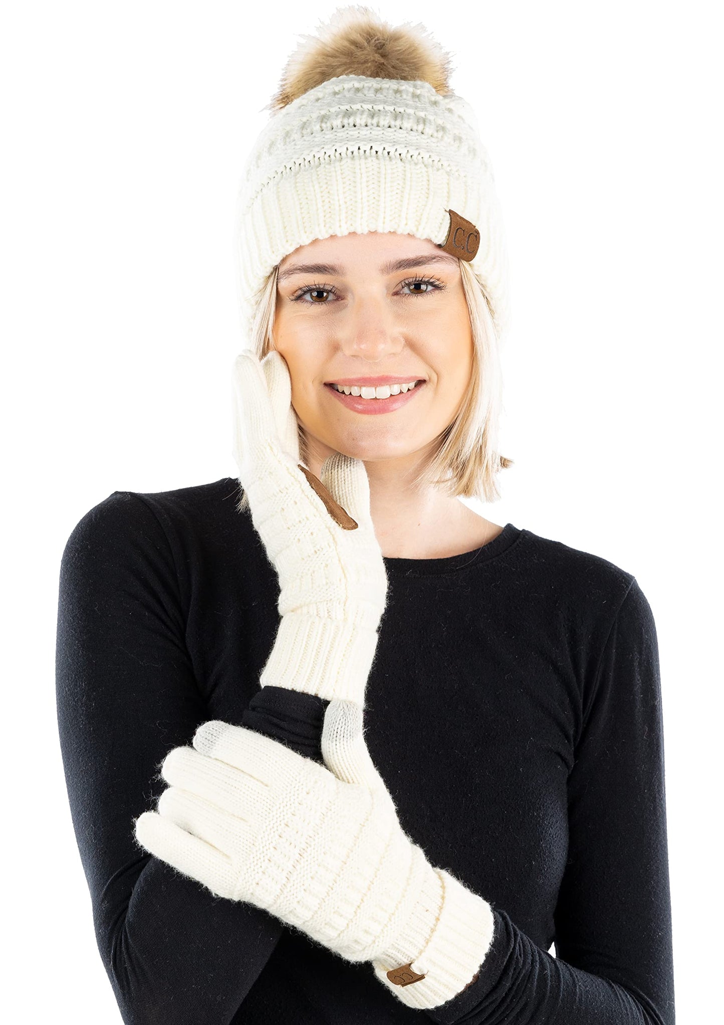 Pom Beanie & Lined Gloves Set (Natural Pom) by Funky Junque