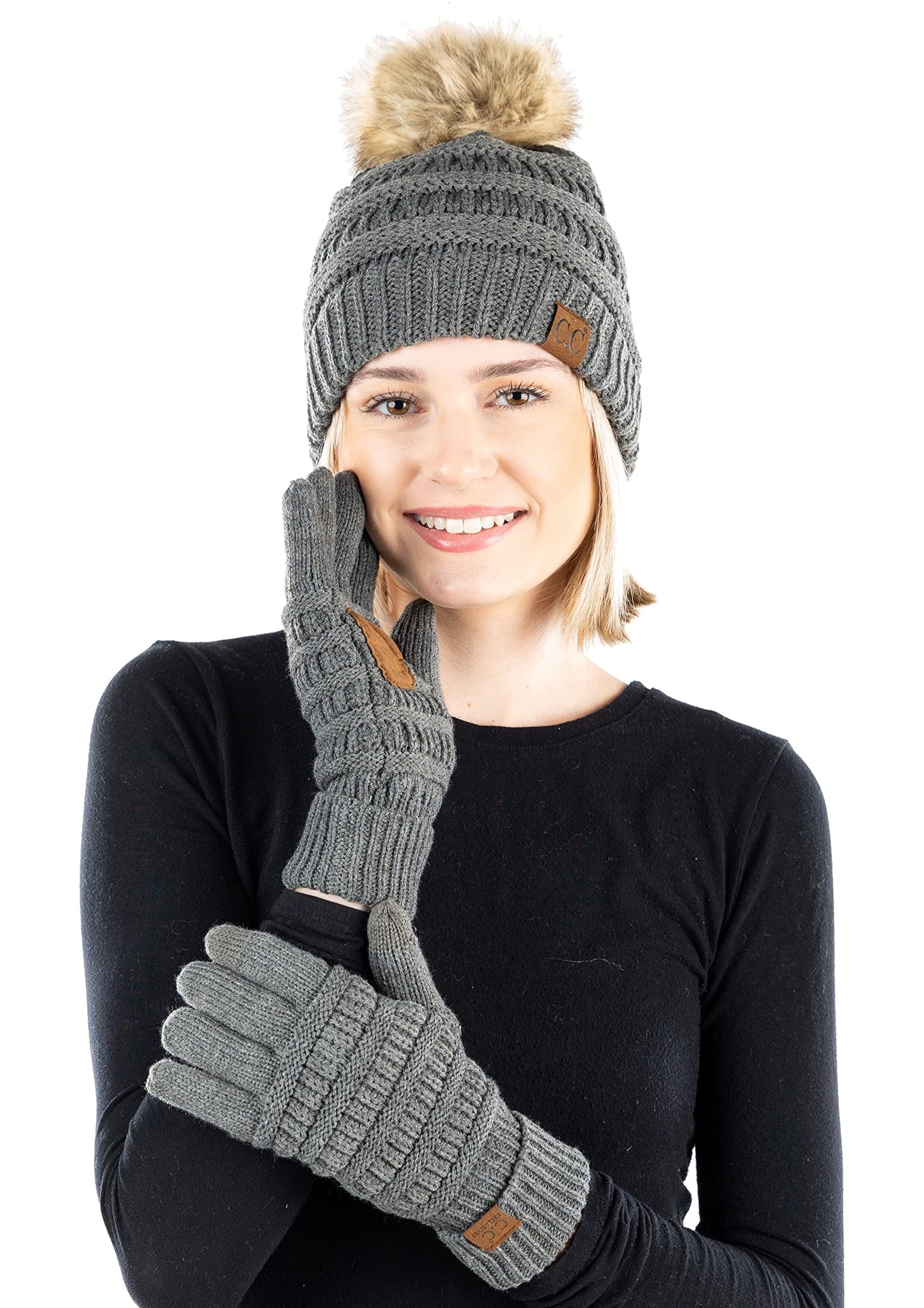 Pom Beanie & Lined Gloves Set (Natural Pom) by Funky Junque