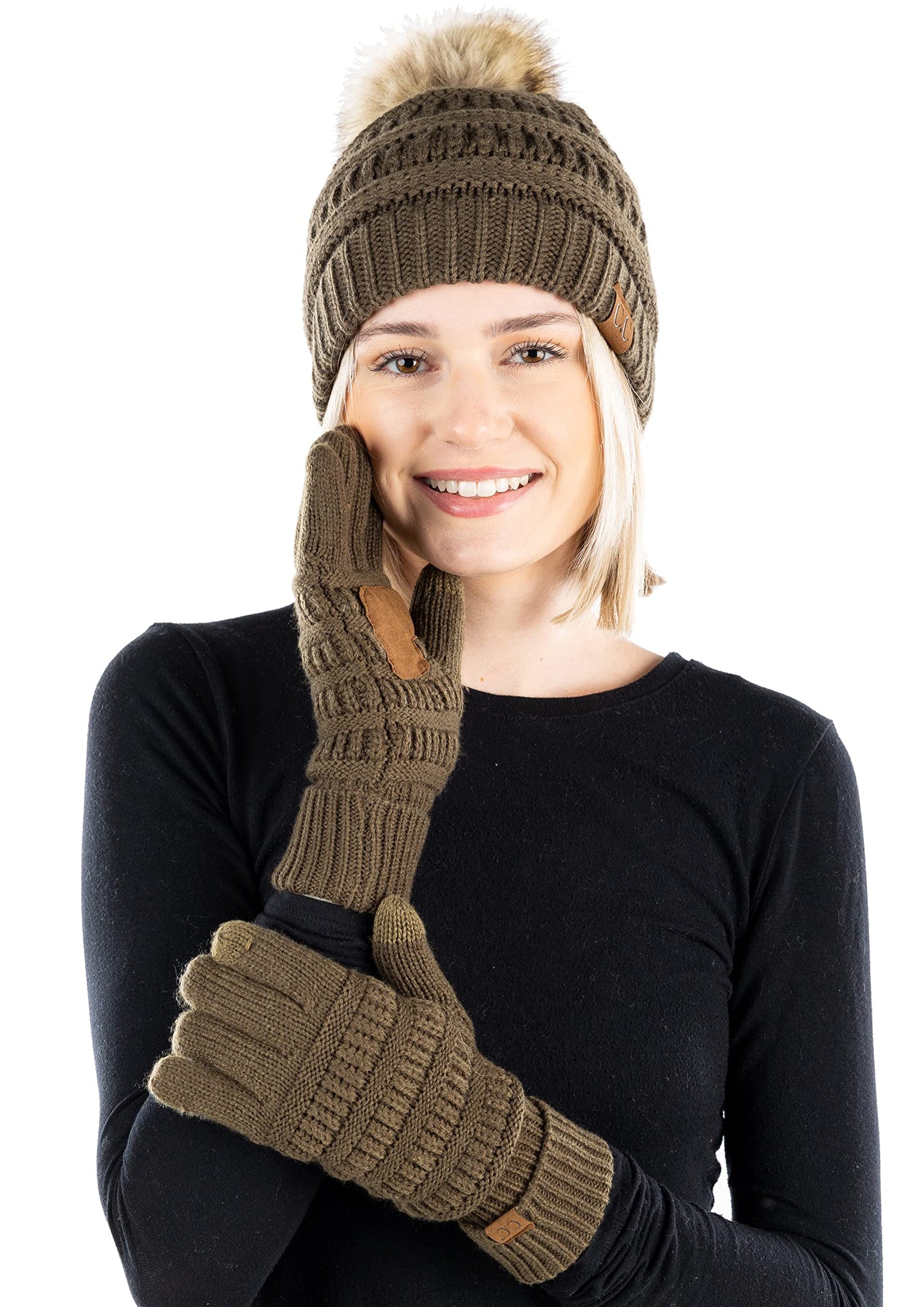 Pom Beanie & Lined Gloves Set (Natural Pom) by Funky Junque