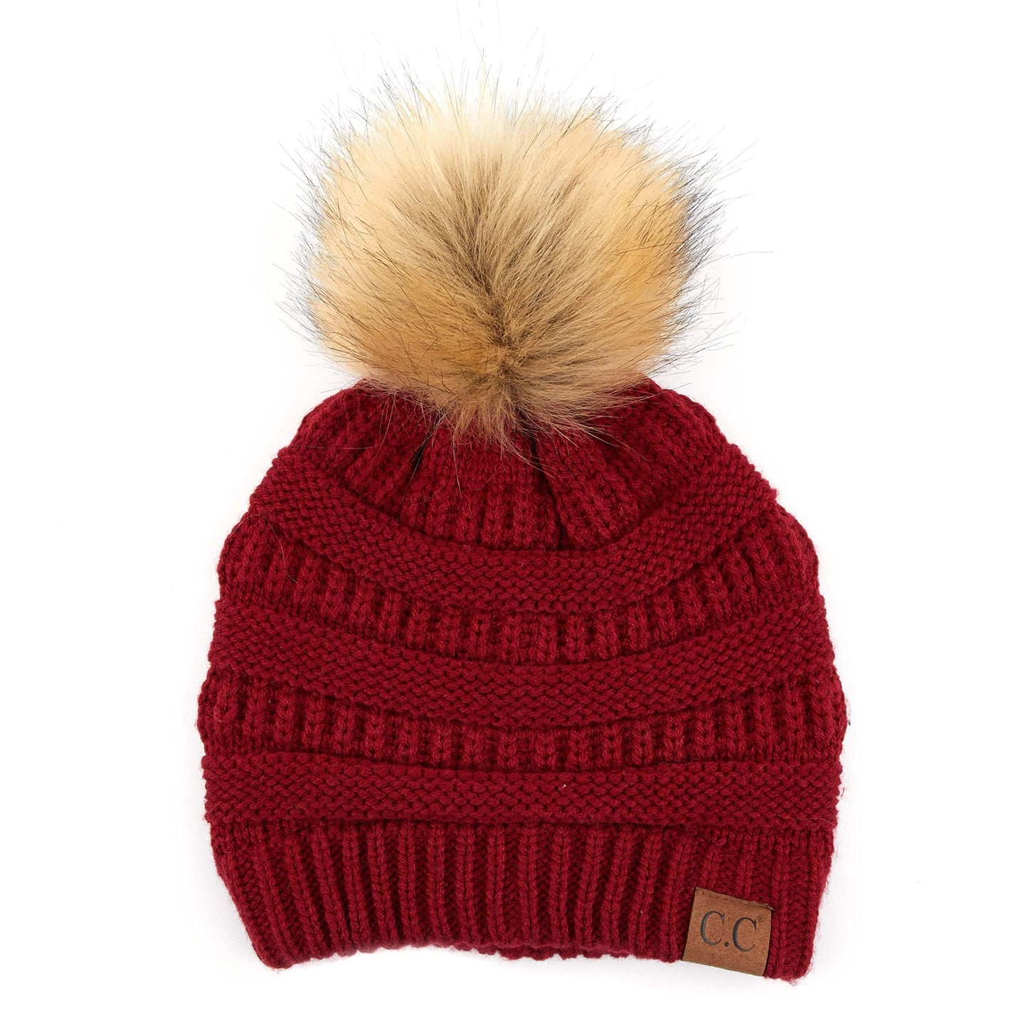 Ribbed Cable Knit Natural Faux Fur Pom Beanie