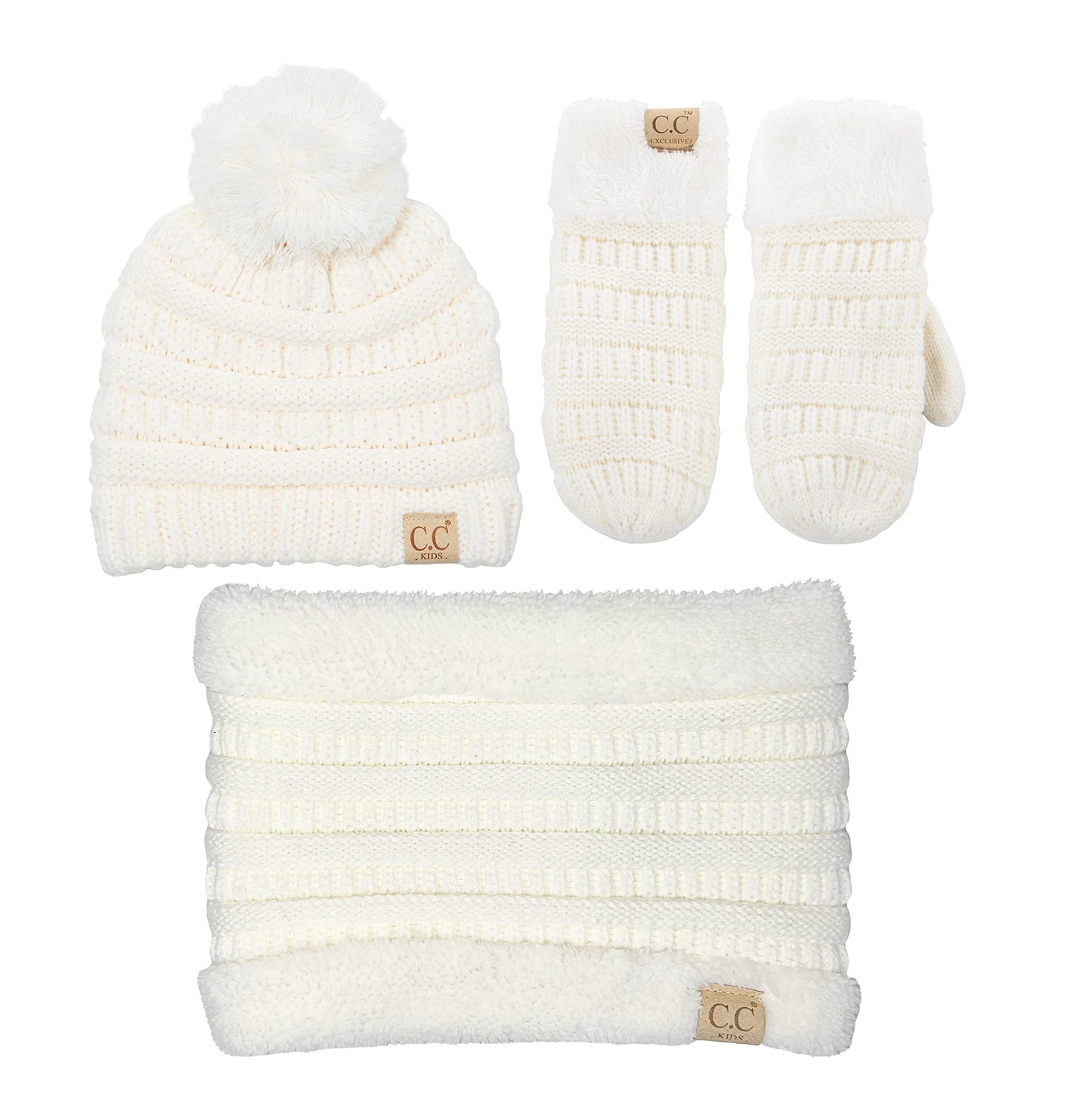 Kids Matching Pom Beanie, Neck Warmer & Mittens Set by Funky Junque
