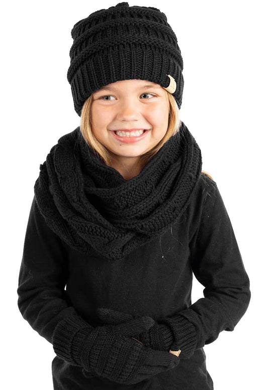 Kids 3 Pack Matching Set: Beanie, Infinity Scarf & Gloves - Black