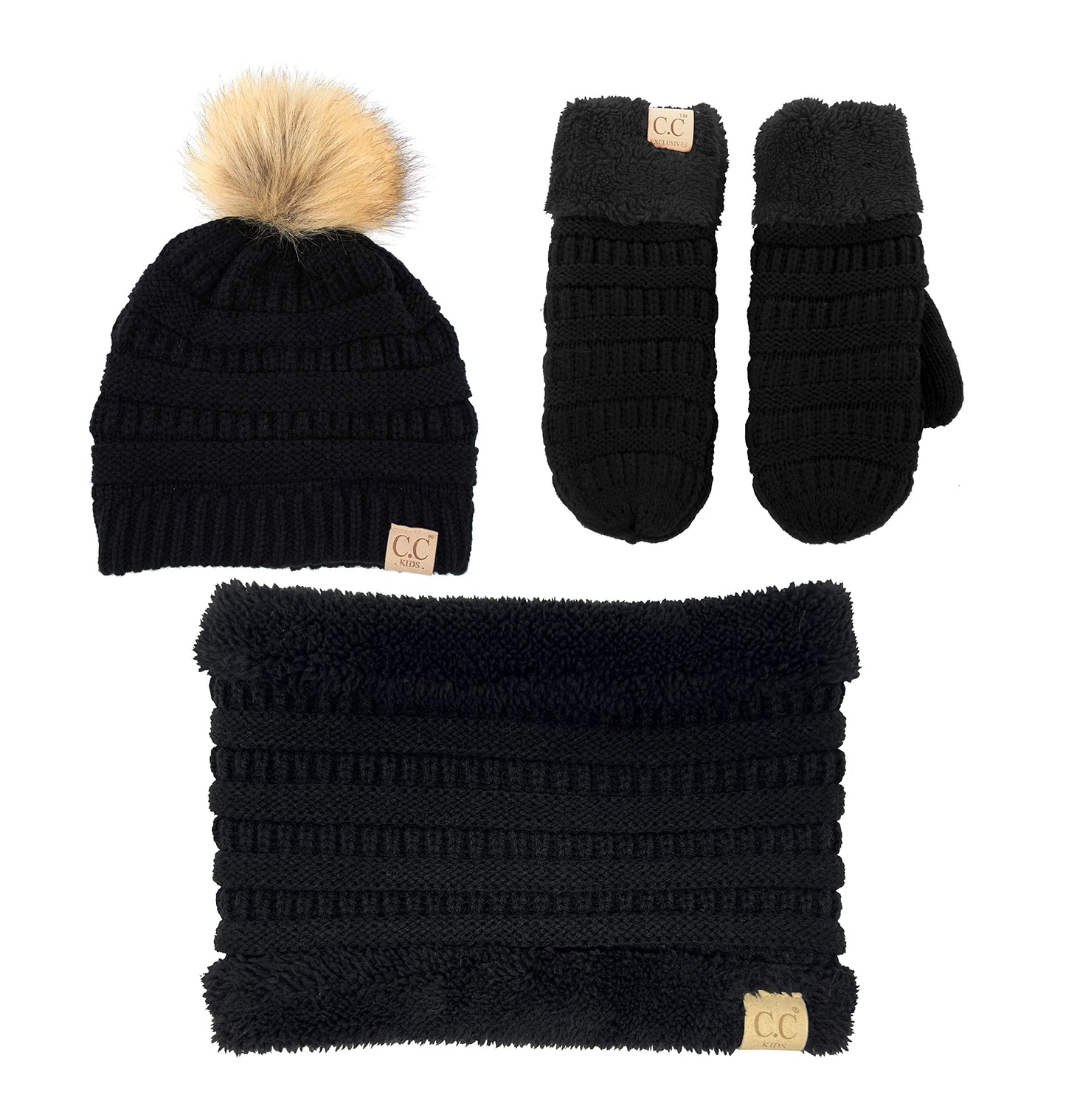 Kids Matching Pom Beanie, Neck Warmer & Mittens Set by Funky Junque