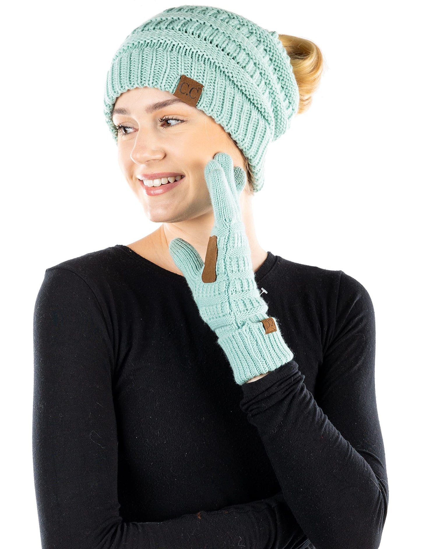 Ponytail Beanie & Gloves Matching Set by Funky Junque