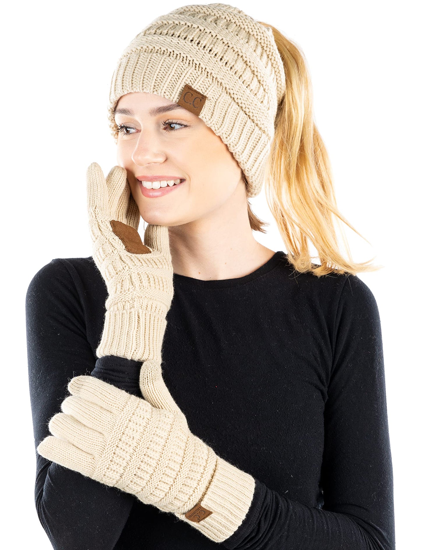 Ponytail Beanie & Gloves Matching Set by Funky Junque