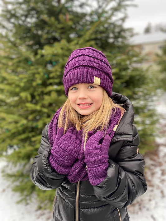 Kids 3 Pack Matching Set: Beanie, Infinity Scarf & Gloves - Dark Purple