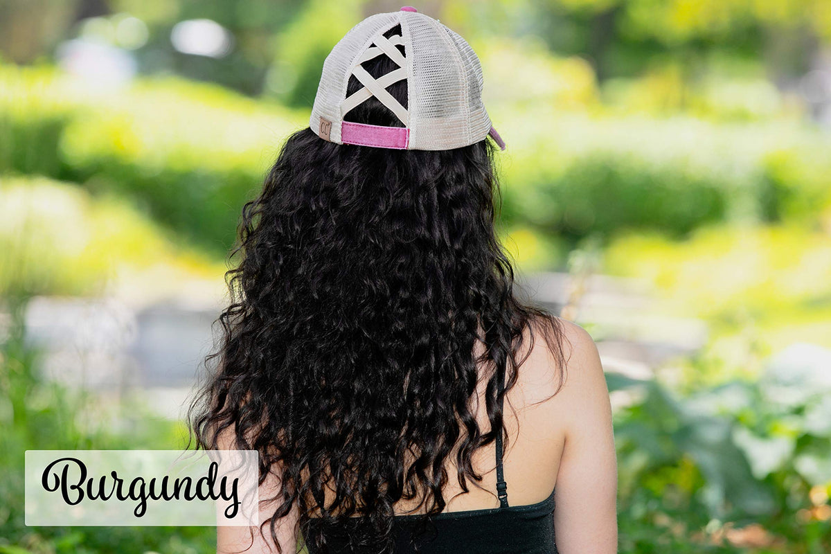 Funky Junque Criss Cross Hat Womens Baseball Cap Distressed Ponytail Messy Bun Trucker Ponycap
