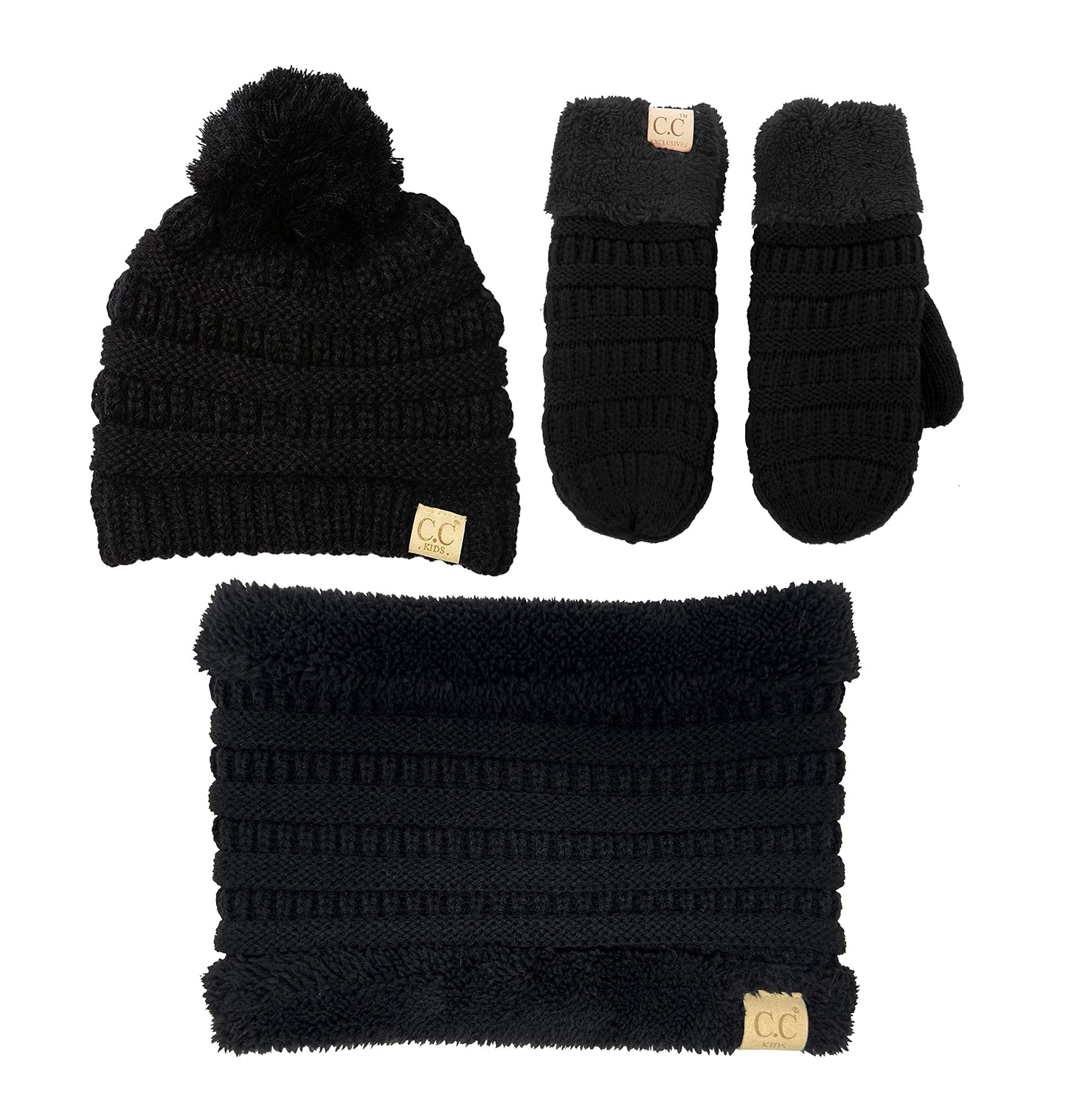 Kids Matching Pom Beanie, Neck Warmer & Mittens Set by Funky Junque