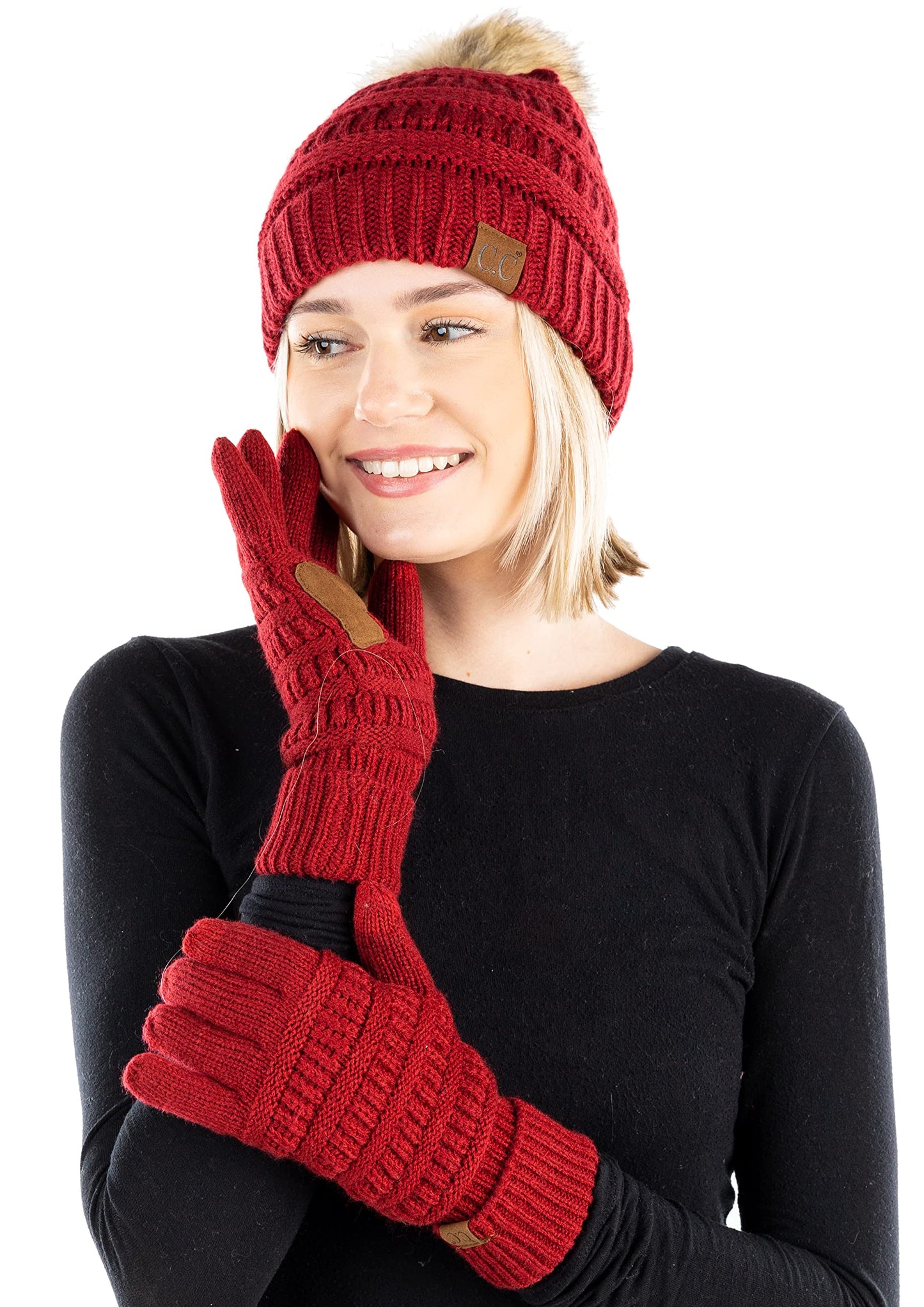Pom Beanie & Lined Gloves Set (Natural Pom) by Funky Junque