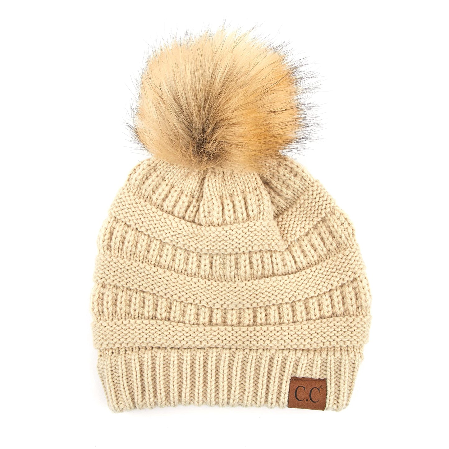 Ribbed Cable Knit Natural Faux Fur Pom Beanie