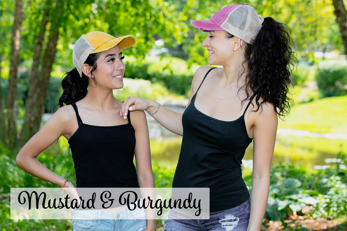 Funky Junque Criss Cross Hat Womens Baseball Cap Distressed Ponytail Messy Bun Trucker Ponycap